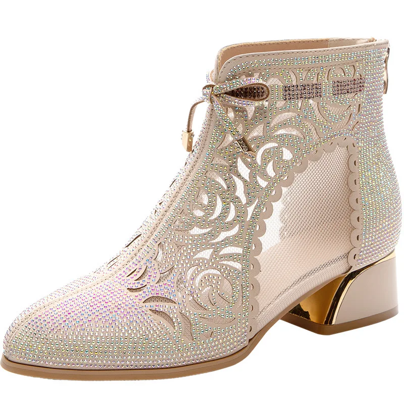 

Women Elegant Ankle Boots PU Solid Color Round Head Hollow Pattern Bow Rhinestone Fashion Party Daily Summer Women Shoes KC328