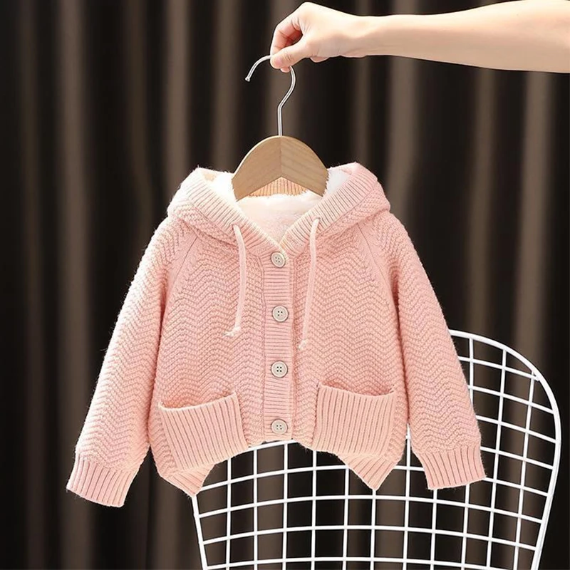 

2022 New Winter Baby Girls Boys Cardigan Sweater Plus Velvet Warm Children's Knitted Sweater Coats For Toddler Girl Clothes 0-6Y