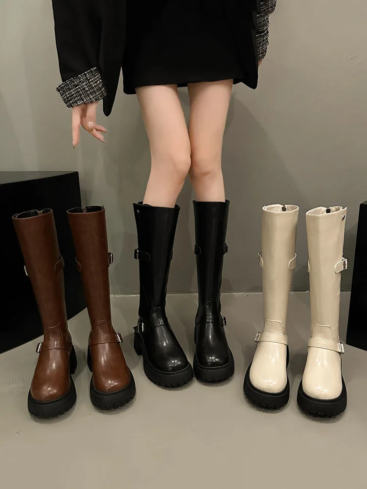 

Женские сапоги с круглым носком, новинка 2023, привлекательные сапоги до бедра на высоком каблуке, сапоги на платформе и молнии, зимняя ковбойская обувь выше колена