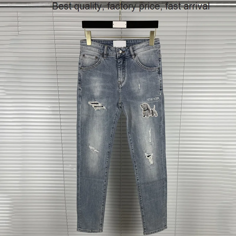 

High quality luxury brand Fashion Brand TB THOM Men Spring Summer Break Hole Casual Slim Stretch Denim Trousers Puppy Embroidery