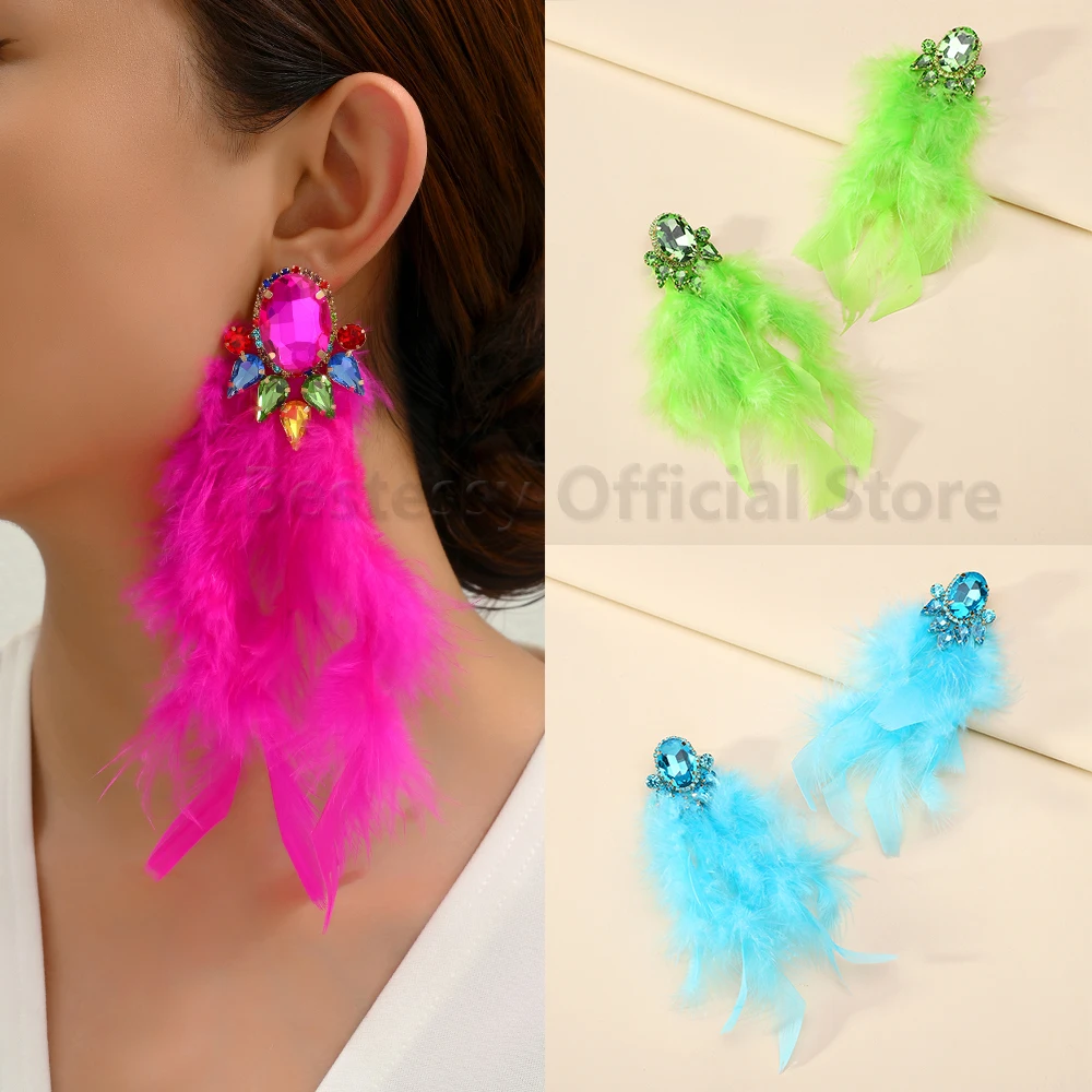 2025 элегантный декор со стразами длинные серьги-капли с перьями роскошные