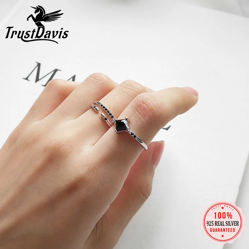 

TrustDavis Genuine 925 Sterling Silver Minimalist Black CZ Opening Ring For Women Fine Wedding Birthday Valentine's Day DA1205