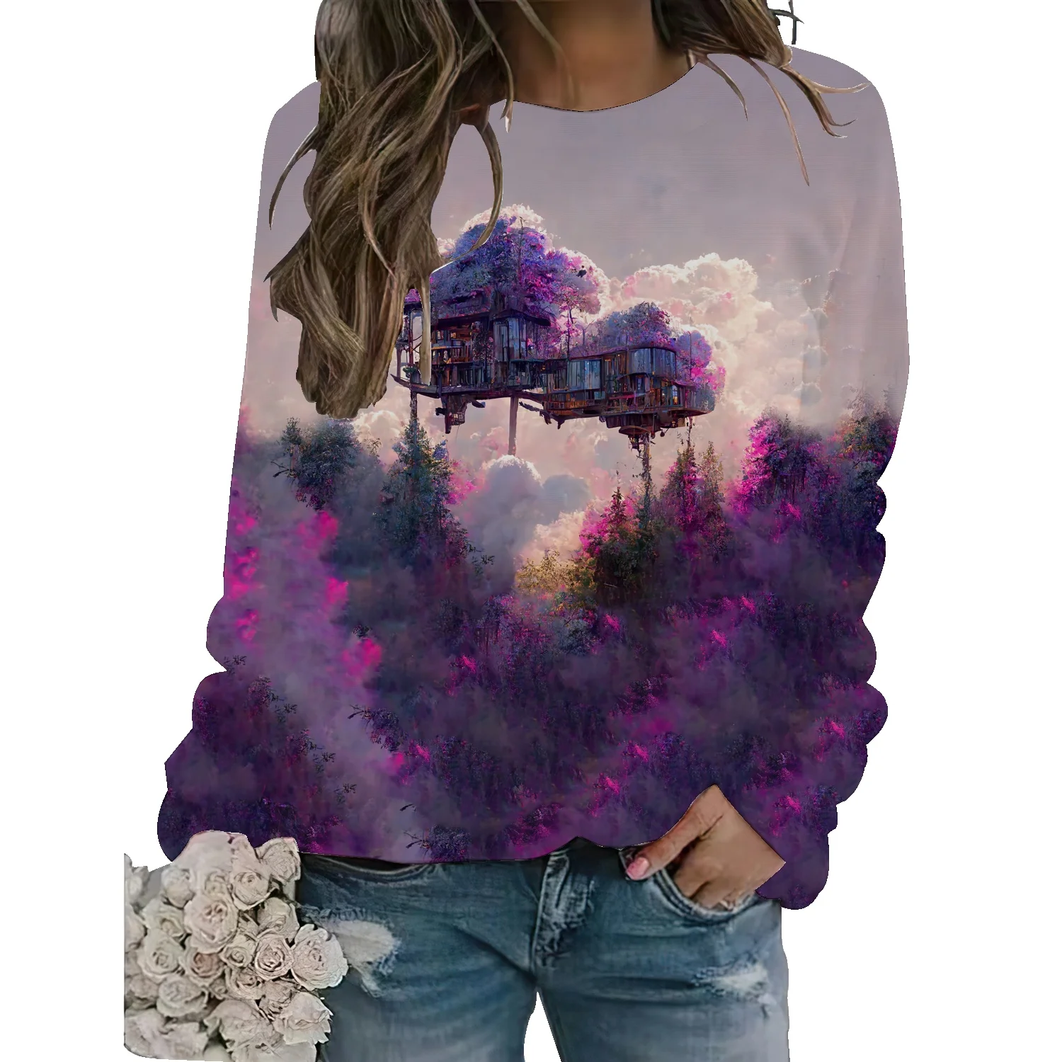 

Женский свитер оверсайз контрастных цветов с круглым вырезом, весна-осень 2022