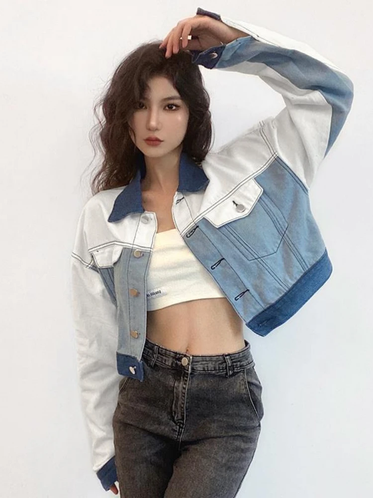 

Women's Retro Contrast Color Cropped Denim Jacket Spring Fall Korean Version Loose Casual Harajuku Button Long Sleeve Jean Coats