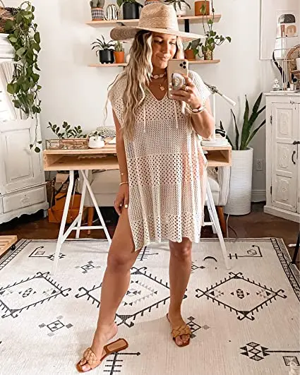 Женская летняя накидка на бикини однотонный купальник с коротким рукавом и