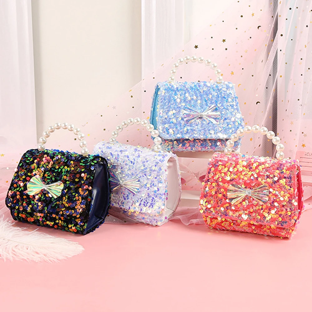 Small Fragrance Cute Princess Glitter Sequin Bow Trend Hand-held Pearl Diagonal Chain Bag Children's Gift Handbag