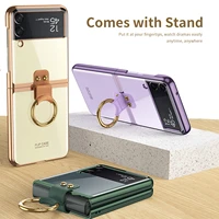luxury plating transparent ring holder case for samsung galaxy z flip 3 5g phone case electroplate frame hard clear back cover