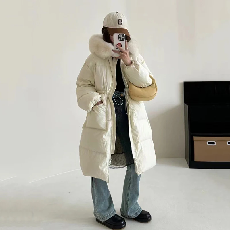 Зимний длинный пуховик женский толстый большой меховой воротник 90 белое пальто