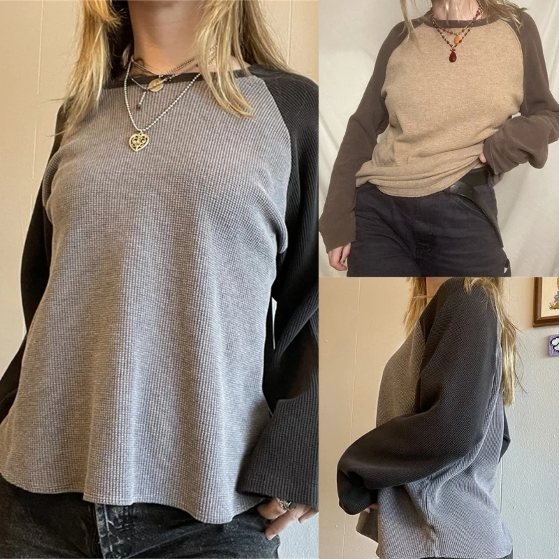

Crewneck Pullover Top Women Colorblock Raglan Long Sleeve Loose Basic T-Shirts A5KE