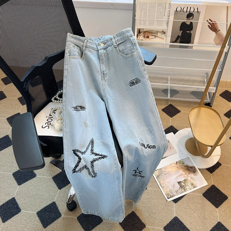 

Women's Letter Embroidered High Waist Jeans Summer New Street Style Trousers Fashion Female Straight Leg Unisex Denim Pants