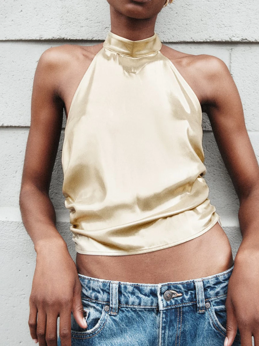 

French Solid Sexy Women Camis Off Shoulder Halter Sleeveless Backless Side Zipper Cropped Tops Female Streetwear Party Camisole