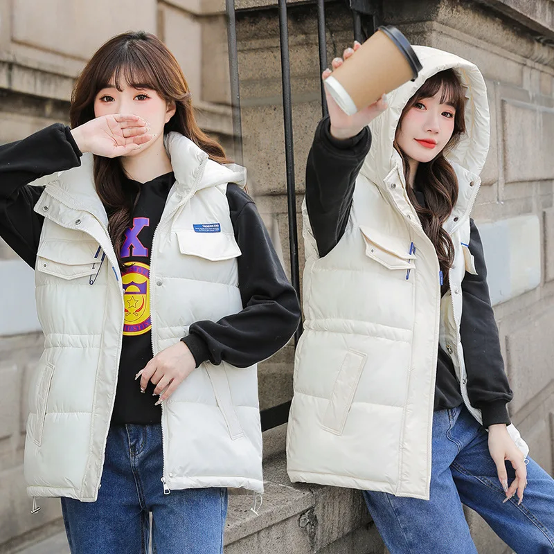 

College Style Girls Fashion Hooded Cotton Vest Coats Women's Slim Sleeveless Padded Jacket Parkas Winter Female Zipper Waistcoat
