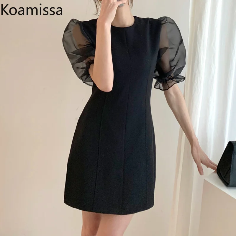 

Koamissa Chiffon Dress for Women Round Neck Puff Sleeves Patchwork Slim Summer Vestidos Office Lady Boadycon Dress A Line Robe