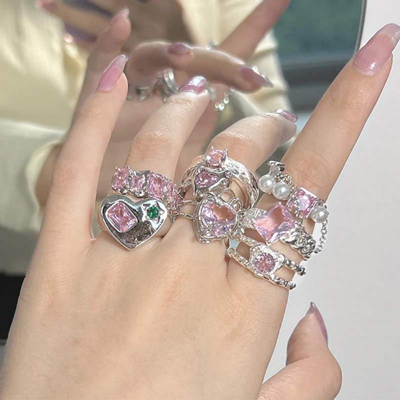 

Romantic French Ladies Pink Love Ring with Zirconia Party Anniversary Women Jewelry Fashion Popular Niche Simple INS Style Ring