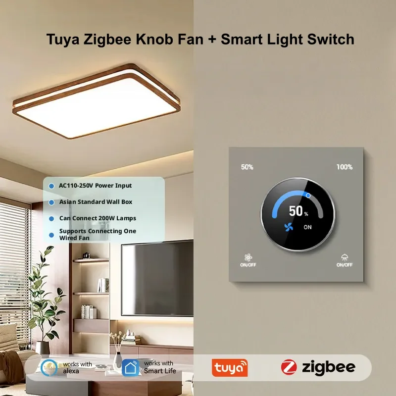 Фото Умный настенный диммер Tuya Smart Life Zigbee, совместимый с Alexa, для вентиляторов, подходит для ЕС/Кореи/Великобритании, AC110~240В/50~60Гц №1