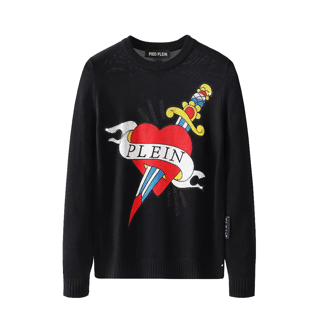 

2023 MENS PULLOVER LS Sword Through Heart PLEIN SWEATER Black Men's Rhinestones Tops Comfortable Hip Hop Knitted Sweater