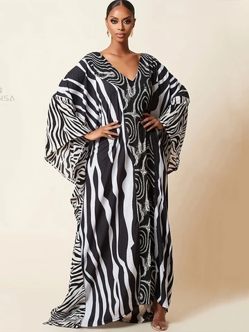 Женское длинное платье в полоску, свободное пляжное платье макси в ретро стиле с рукавами «летучая мышь», длинный кафтан, накидка, модель Q1360, 2023