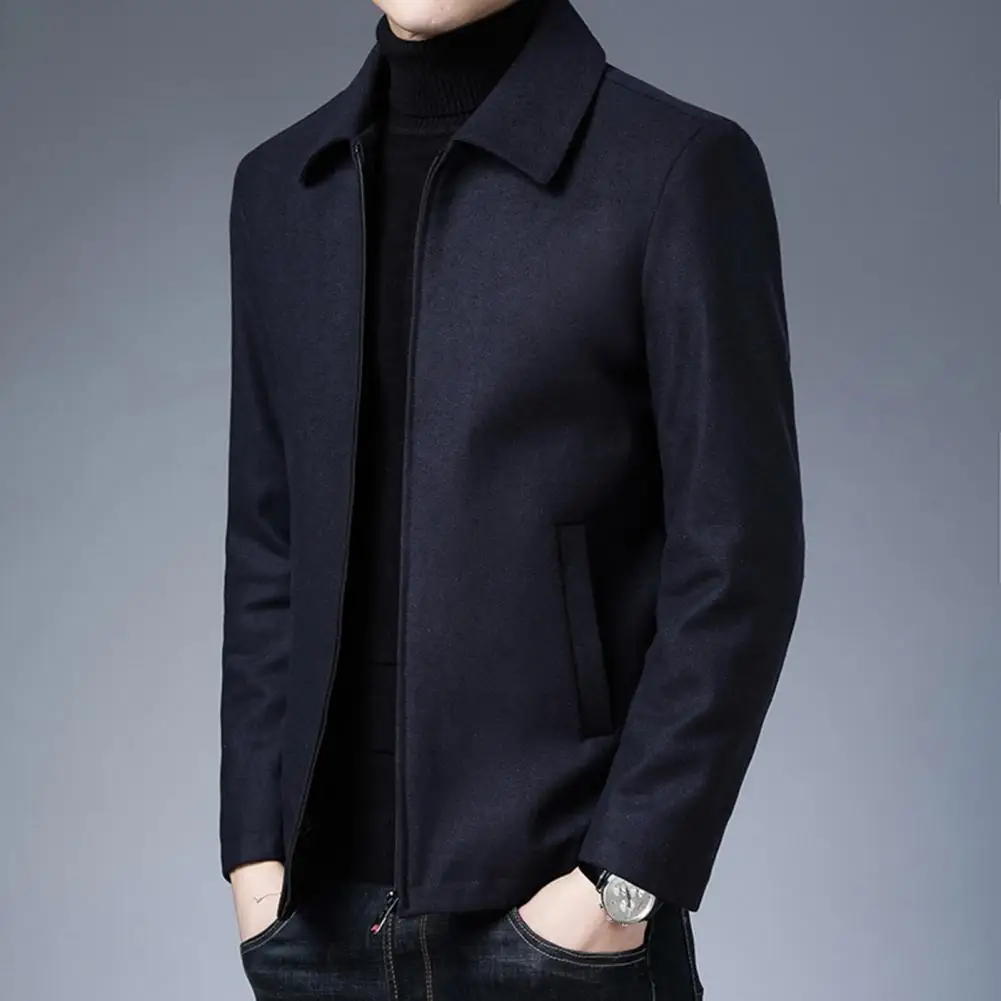 

Men Winter Coat Solid Color Zipper Closure Lapel Jacket Thick Long Sleeves Mid-aged Men Father Jacket