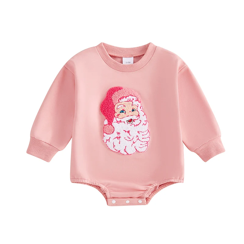 Baby Girl Christmas Sweatshirt Romper Santa Embroidered Round Neck Long Sleeve Jumpsuit
