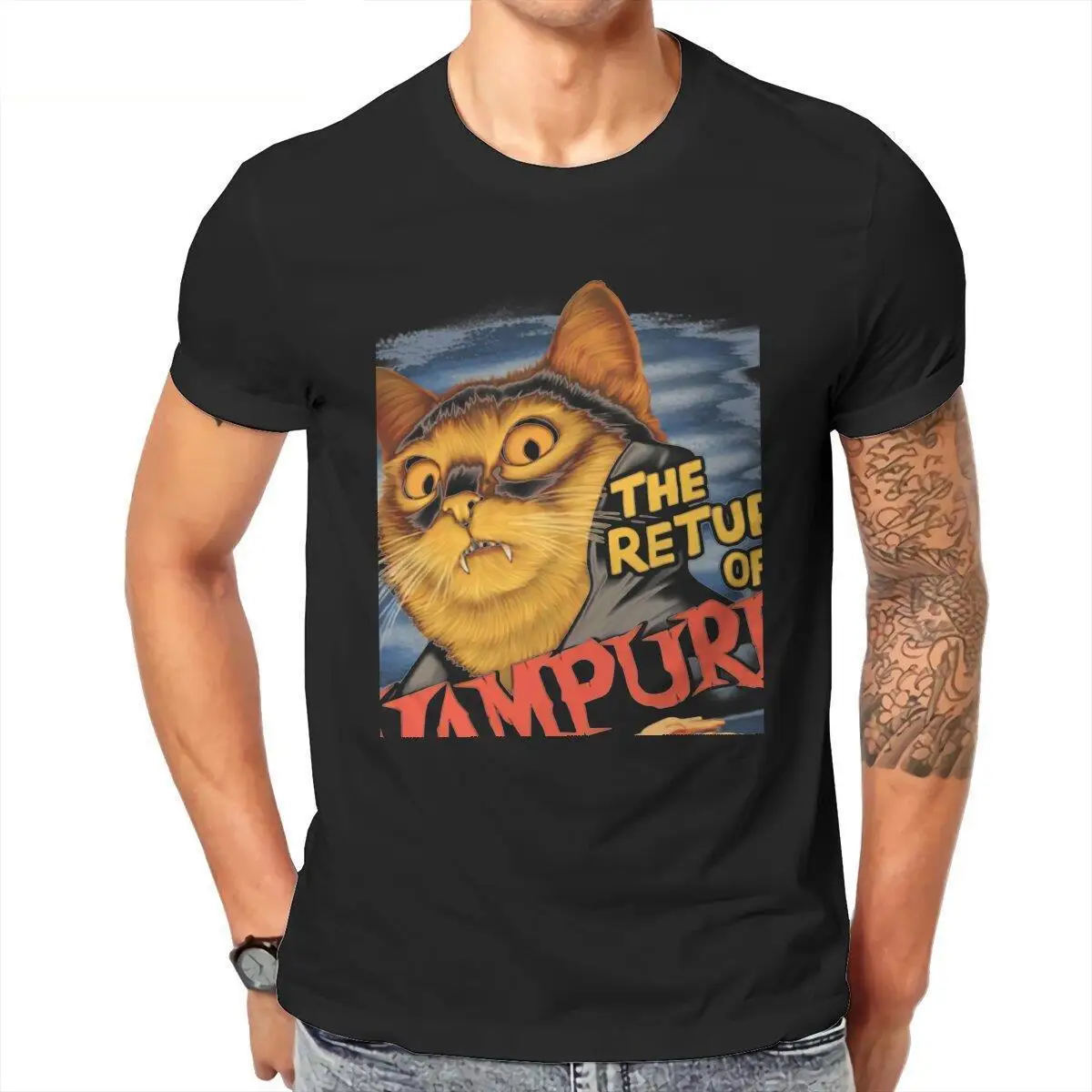Vintage The Return of Vampurr  T-Shirts Men Round Neck Cotton T Shirt Horror Cat Short Sleeve Tee Shirt Graphic Printed Clothes