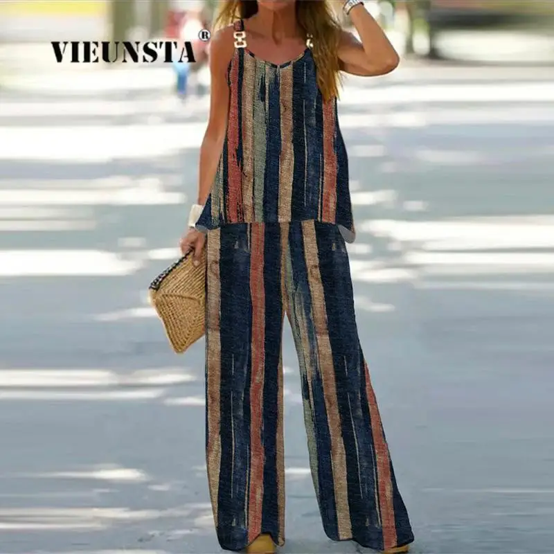 

Women Retro Striped Print Suits Streetwear Summer Sleeveless Strap Tank Top Straight Long Pants 2 Piece Set Casual Loose Outfits