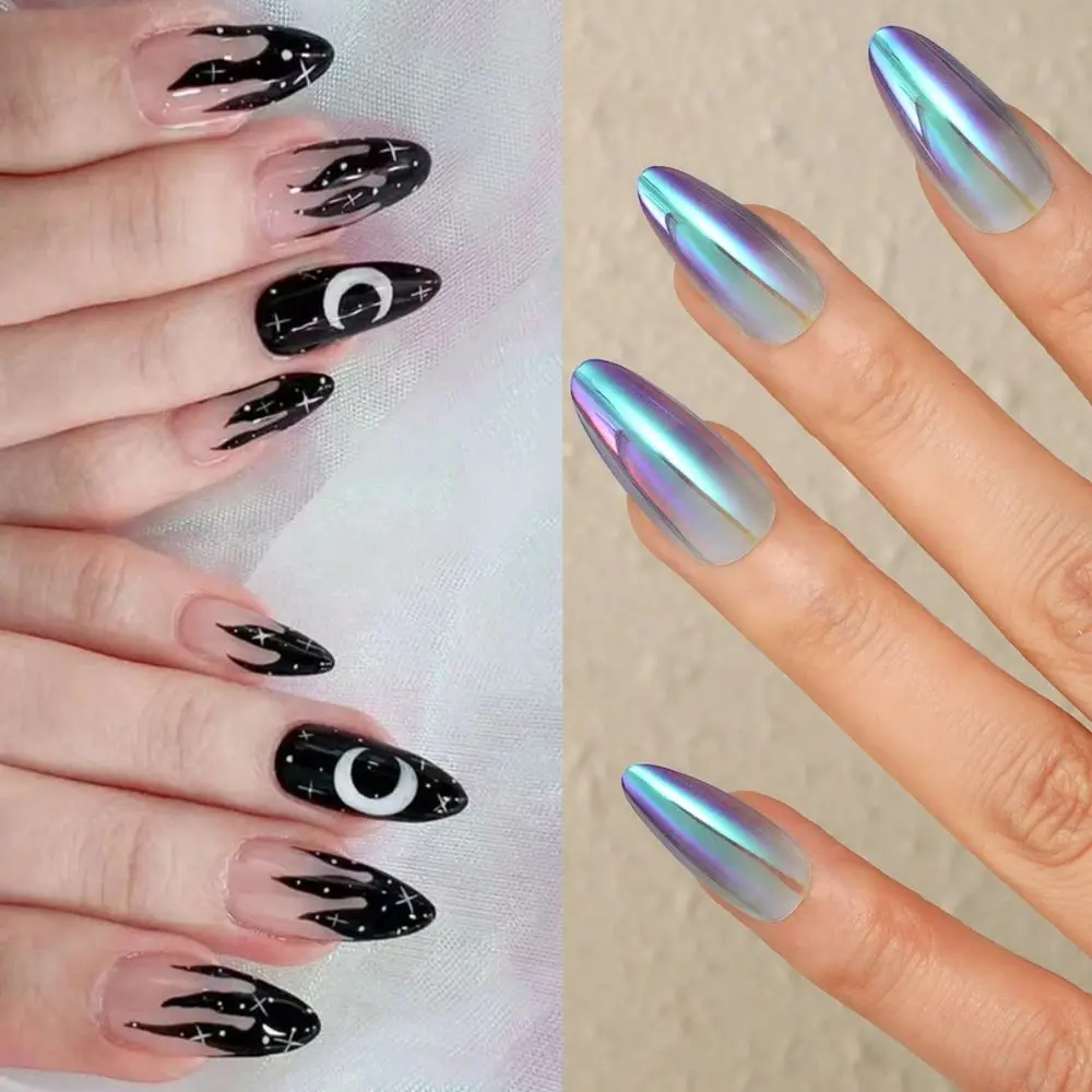 

24pcs Press On Nails Moon Star False Nails Gradient French Almond Fake Nails Short