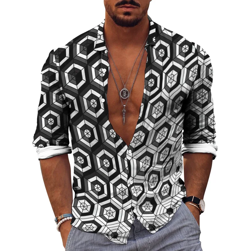 Autumn 3D Print Gradient Irregular Pattern Fashion Top Party Shirt Casual Daily Men's Lapel Long Sleeve Single Breasted Cardigan
