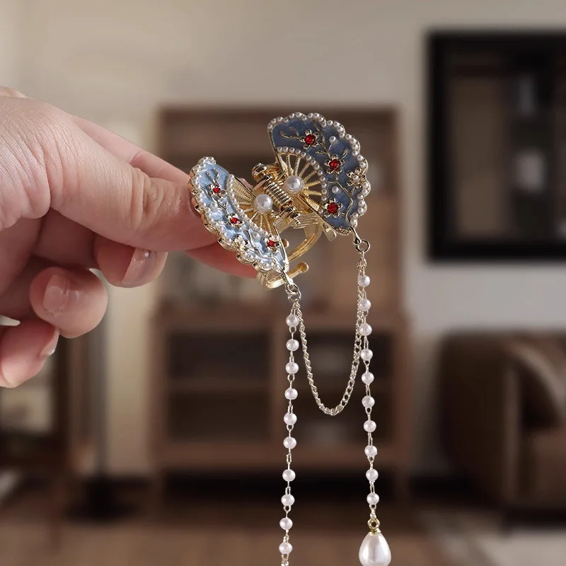 Фото Золотая нить Синий веер - Национальный стиль Su Grasp Clip Ретро Высококачественные аксессуары для волос Элегантный головной убор Hanfu Qipao №3