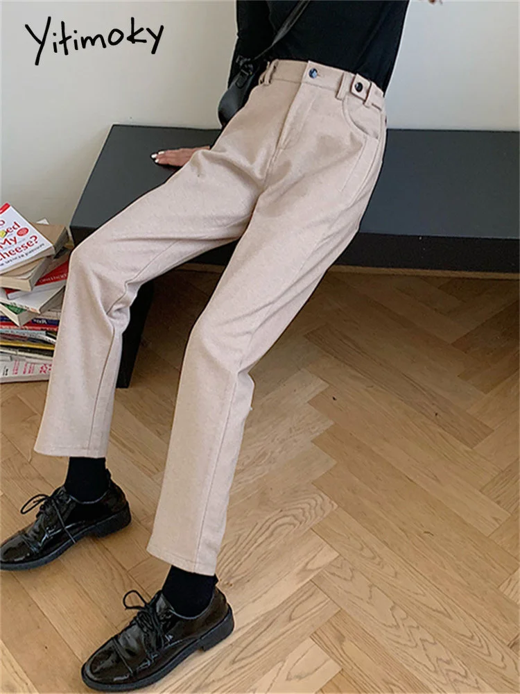 

Брюки шерстяные женские с завышенной талией, модные брюки с широкими штанинами в Корейском стиле, офисные повседневные Прямые Штаны, весна-осень 2023