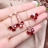 HOYON Pure 14K gold color four-leaf clover necklace natural pigeon blood ruby style heart pendant ring earring jewelry set women
