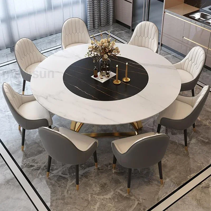 Легкий роскошный золотой обеденный стол круглый поворотный 1 2/1 5 м набор