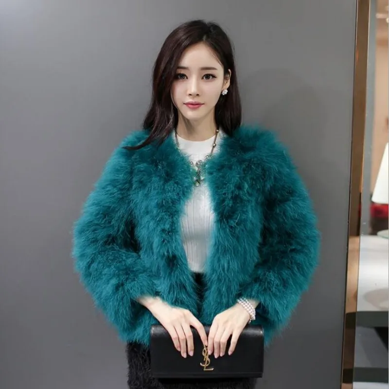 Hot Sale Fluffy Natural Ostrich Feather Coat Short Jacket Women Winter Overcoat