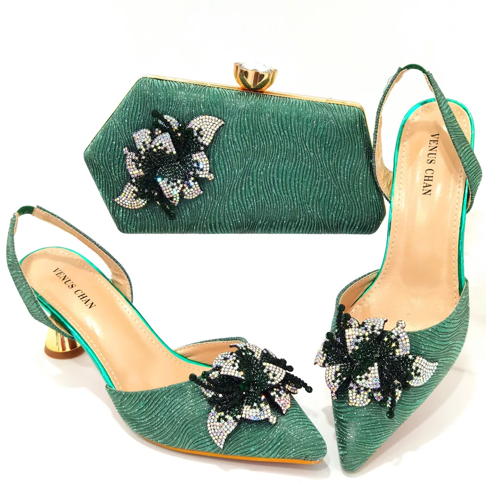Doershow-Conjunto de zapatos y bolsos africanos, bolso italiano decorado con diamantes de imitación de alta calidad, Color verde, 2022 STH1-4