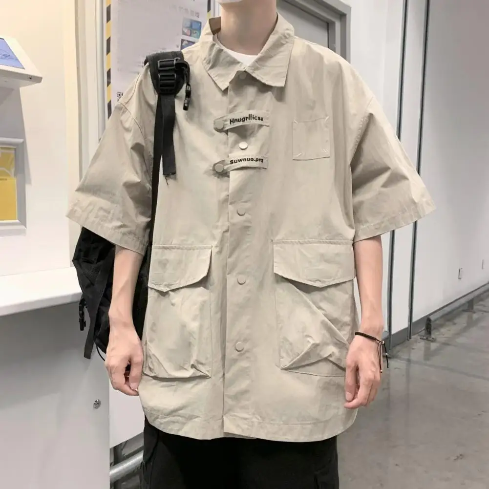 

Men Half Sleeve Shirt Solid Color Men Shirt Streetwear Men's Top Coat Loose Fit Single-breasted with Big Pockets Breathable Half