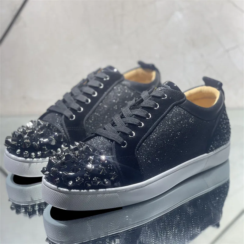 

Luxury Designer Black Leather Red Bottoms Rivets Low Tops Shoes For Men's Casual Flats Loafers Women's Diamonds Crystal Sneakers