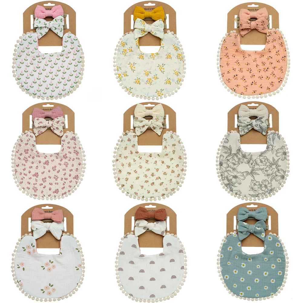 

3Pcs/Set Muslin Cotton Baby Bibs Bows Headband Set Lace Bandana Absorbent Saliva Towel Floral Print Boy Girl Feeding Burp Cloths