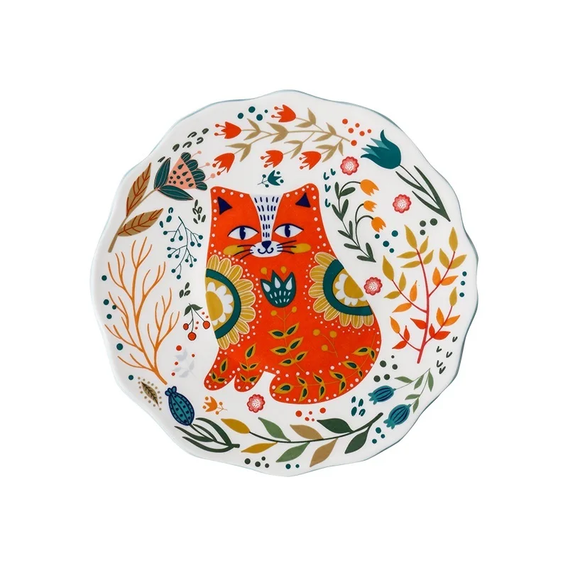 

Pratos de cerâmica de 8 polegadas pintados à mão japoneses pratos de gato desenho animado criativo colorido prato doméstico