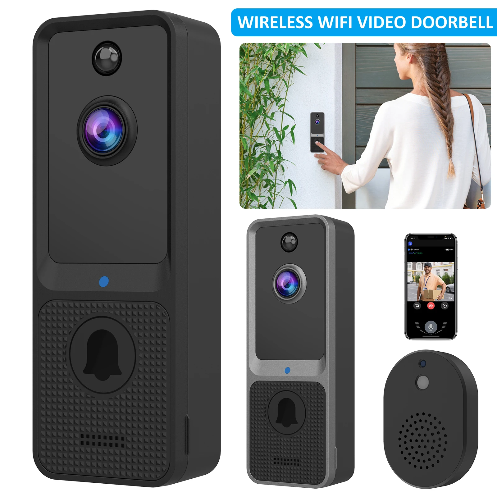 

Video Doorbell 2.4G WiFi 1080P HD IP65 Waterproof Night Vision Wireless Doorbell Camera Battery Powered Motion Detection Visual