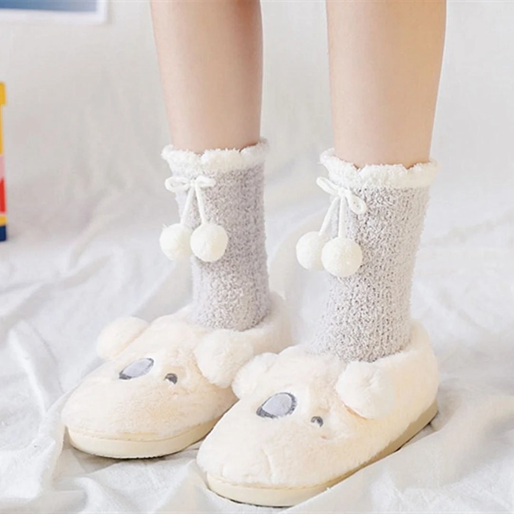 5 Pairs New Solid Color Hair Ball Coral Fleece Women Socks Warm Mid-tube Pink Furry Home Floor Sleepping Socks