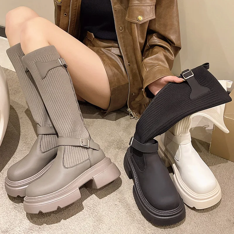

Женские сапоги на плоской подошве, Брендовая женская обувь, женские сапоги до середины икры с круглым носком, Элегантная модная обувь выше колена на среднем каблуке, осень 2023