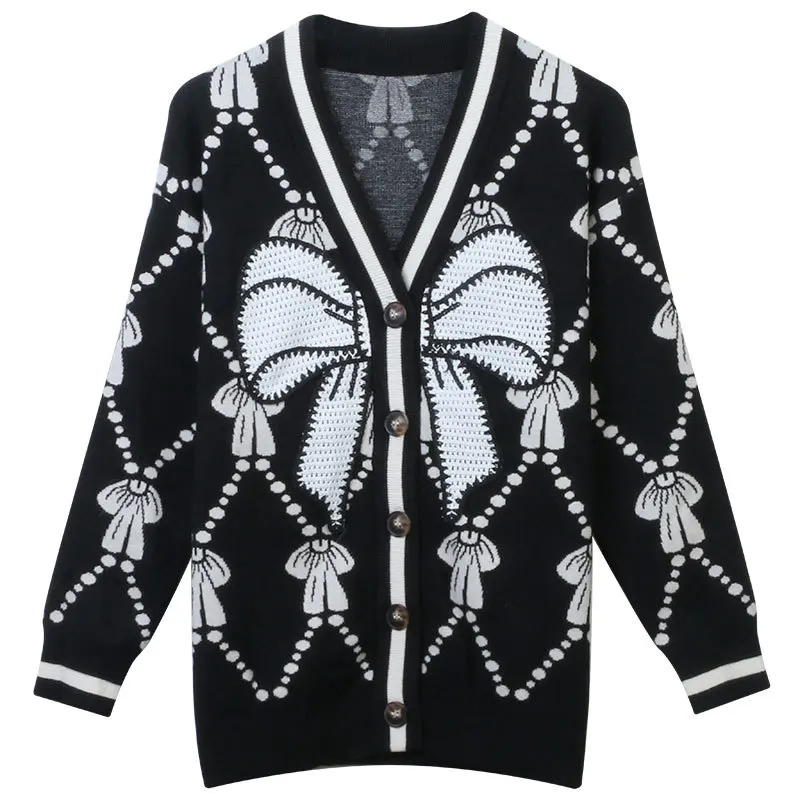 

Японские свитера с вышивкой и бантом, кавайные женские осенние свободные жаккардовые трикотажные свитера с V-образным вырезом и ромбами Y2K
