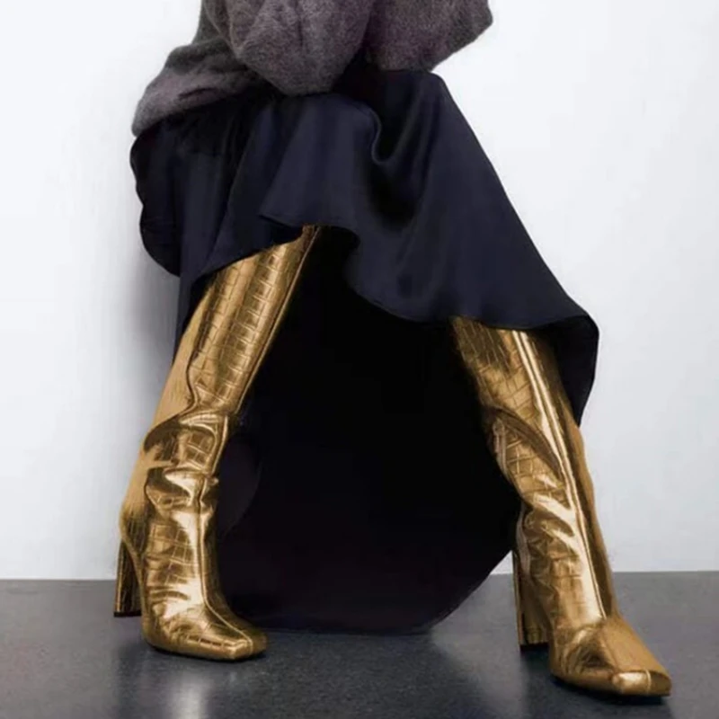 Brand Women's Boots Gold Silver Boots Thick Heel Square Head Fashion Sexy Women's Over Knee Boots Crocodile Pattern Sleeve Shoes