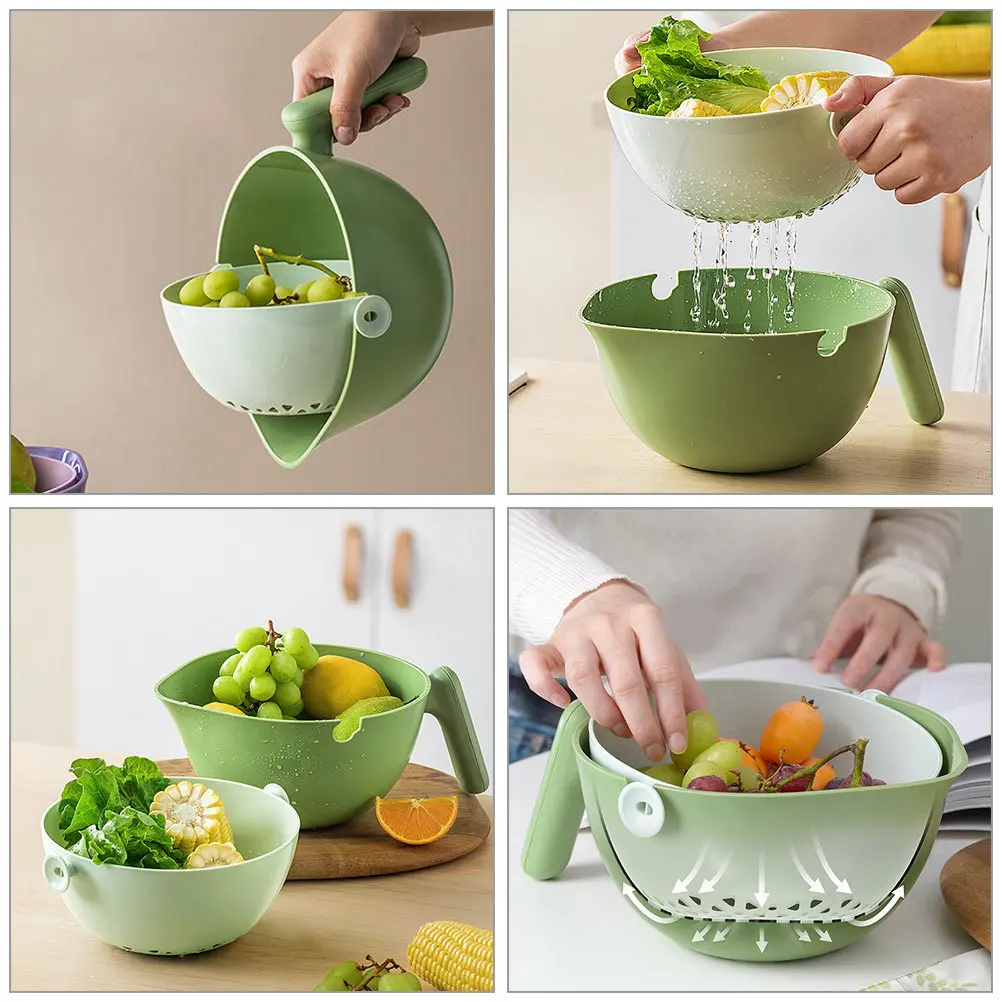 Фото Двухслойная кухонная корзина для мытья фруктов и овощей, дренажная корзина-дуршлаг, многофункциональный бытовой кухонный органайзер №5