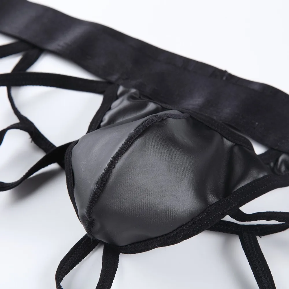 

Sexy Men Lingerie Mesh Faux Leather Jockstrap Underwear Thong G-String Briefs Men's Sexy Faux Leather Mesh Underpants Double