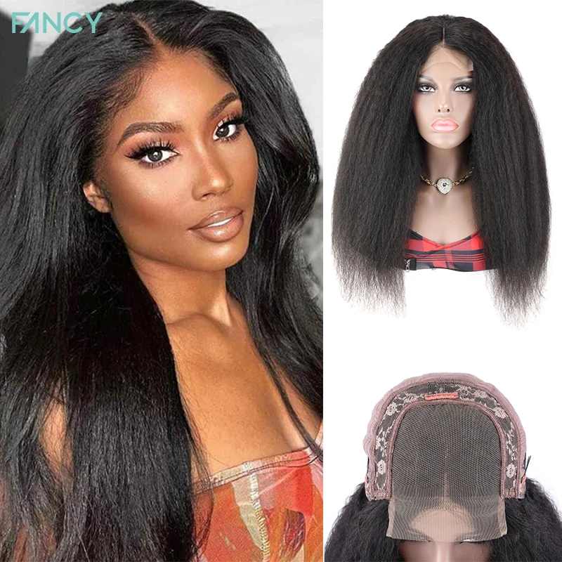 Fancy Kinky Straight 4x4 Lace Front Wig Human Hair with Baby Hair Pre Plucked Brazilian Hair 180% Density 4x4 Lace Frontal Wig