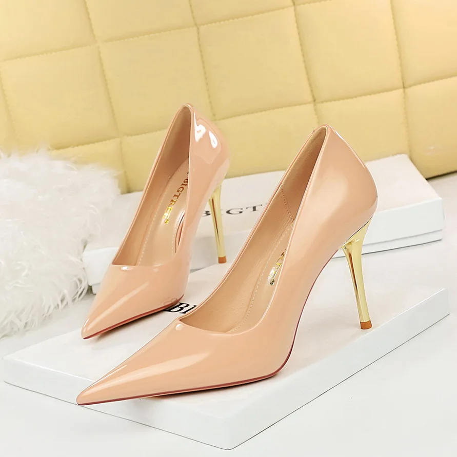 

BIGTREE Women 7.5 Cm 10 Cm Heels Patent Leather Woman Pumps Pointed Toe Stiletto High Heels Luxury Metal Heel Lady Office Shoes