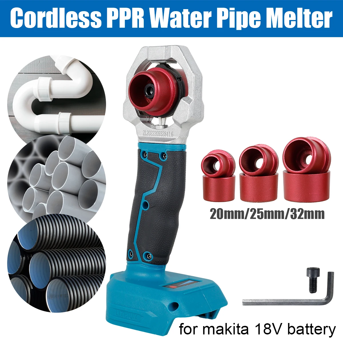 

Rechargeable Hot Melt Machine Cordless PPR Water Pipe Melter Plastic Welding Machine with Replacement Heads 18V Battery Powered
