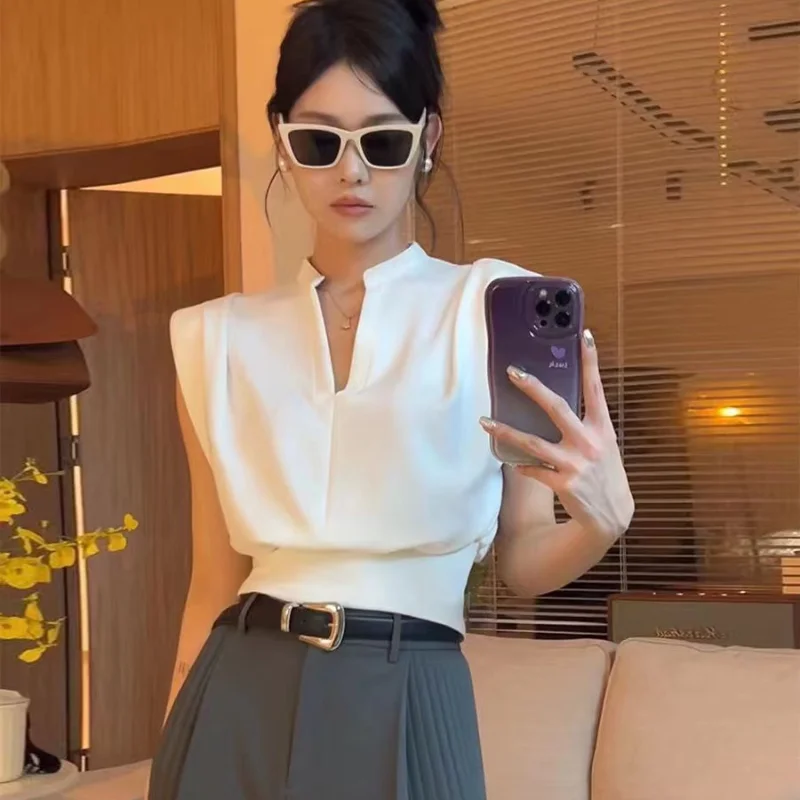 

Women Blouses V-neck Korean Style Elegant Chic White Sleeveless Shirts Black Crop Tops Office Style Old Money Aesthetic Dropship