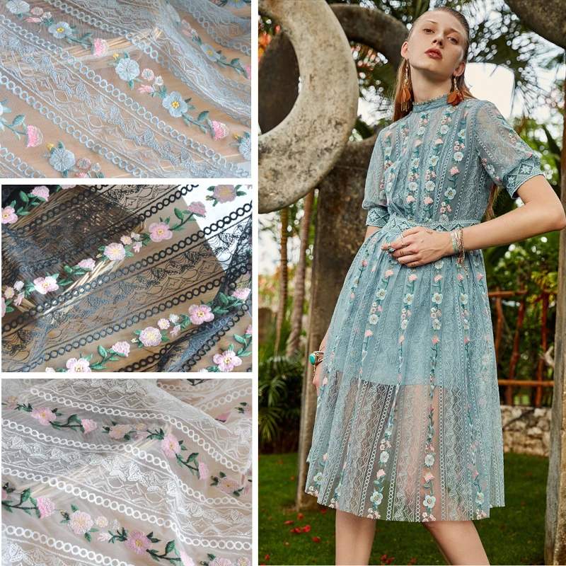 

150cm Wide Floral Embroidered Tulle Fabric Mesh Lace Fabric for Sewing Dress Shirts Curtains Black White Blue Grey By the Yard