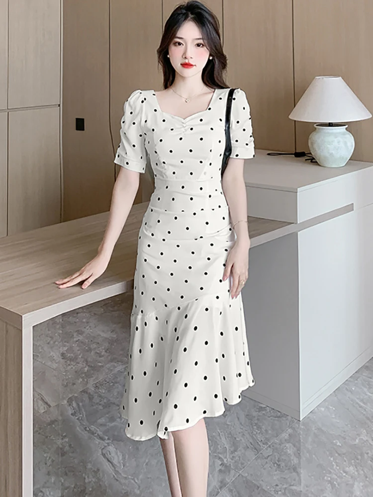

Luxury Elegant White Polka Dot Satin Long Dress for Women Summer Short Sleeve Square Collar Robe 2023 Chic Bodycon Ruffled Dress